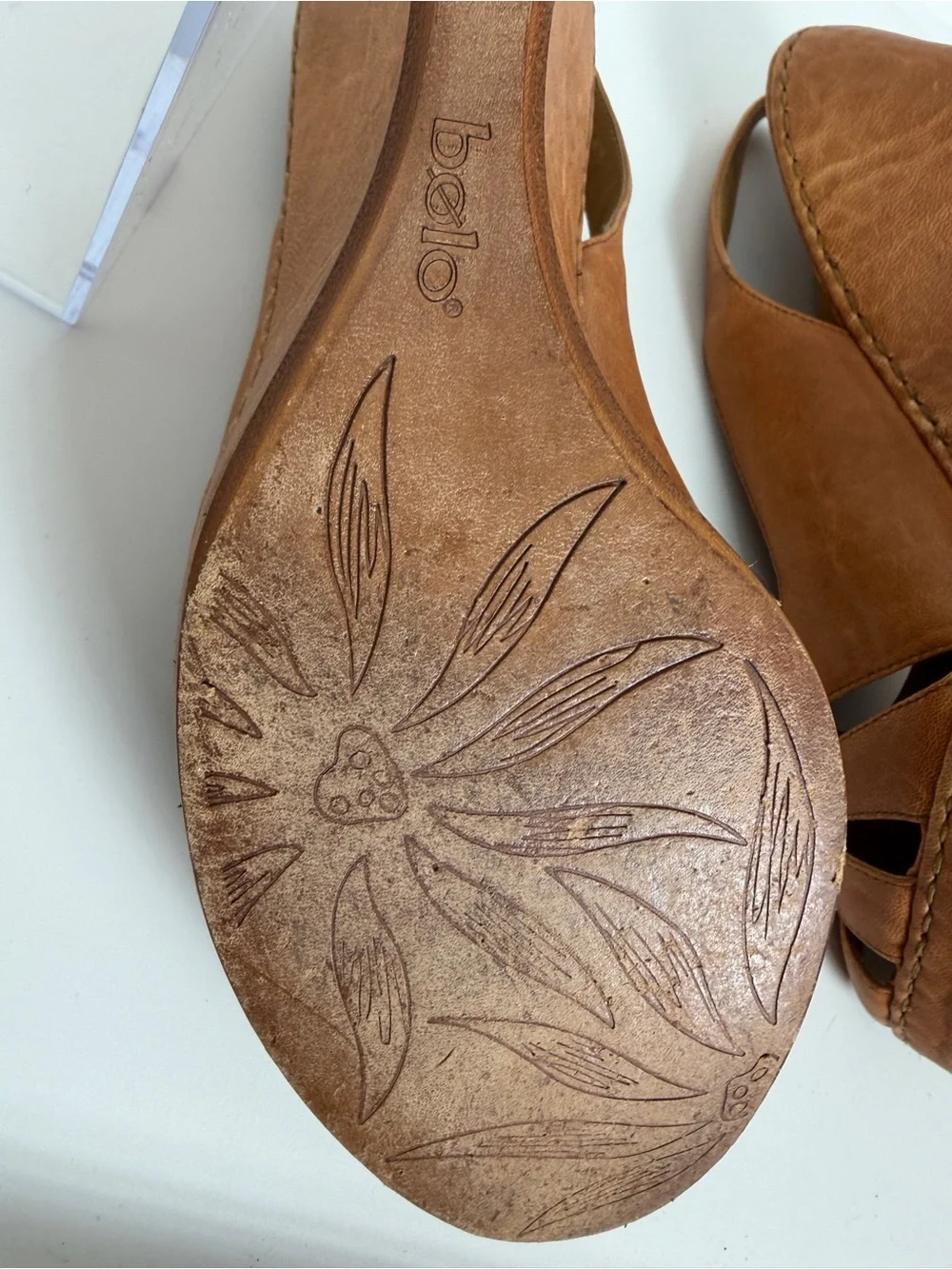 Bolo Leather Peep-Toe Slingback Wedge Sandals in Cognac; Size 8/39; Made by Born